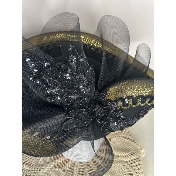 Vintage Black & Gold Embellished Mesh Head Turner Glamour Hat main image 6